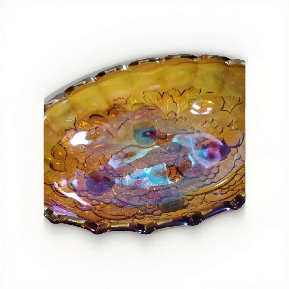 Indiana Carnival Glass Gold Iridescent Fruit Bowl Sawtooth Footed Oval Large VTG